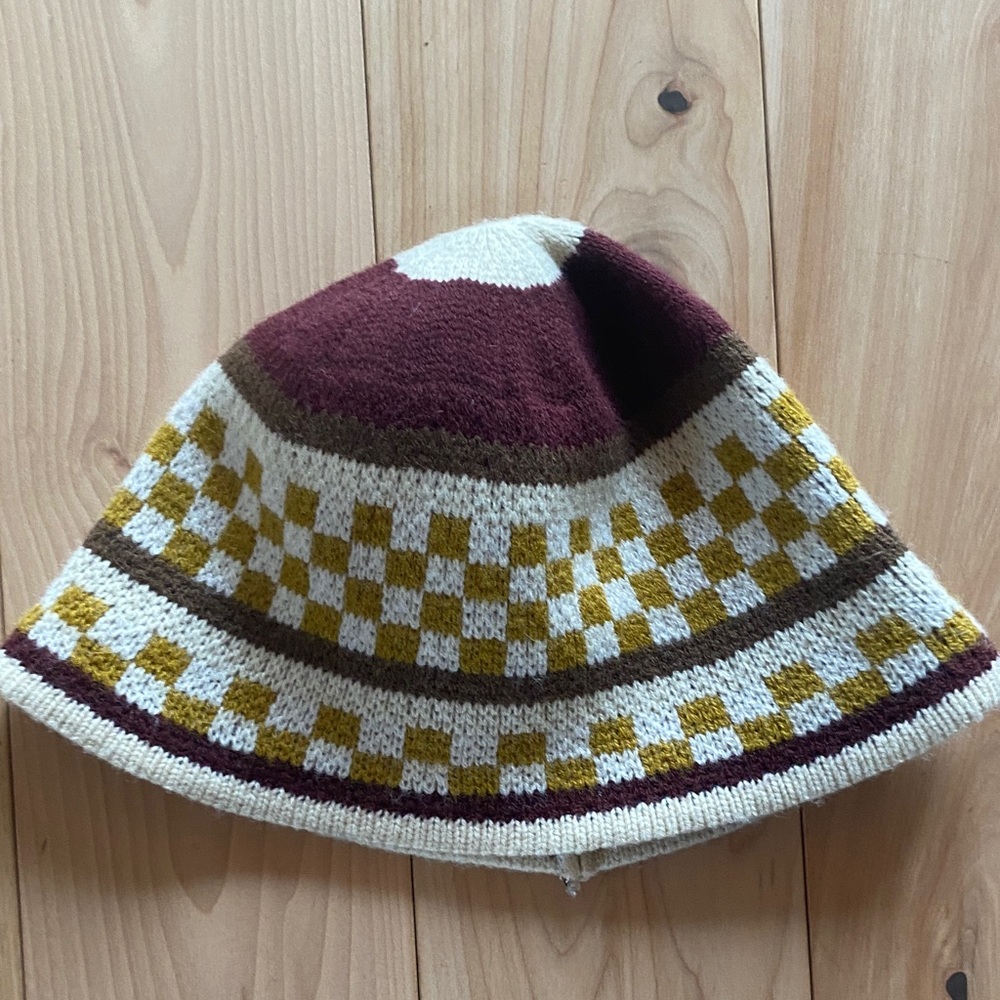 Urban Outfitters Checkered Knit Hat - Brown and Yellow